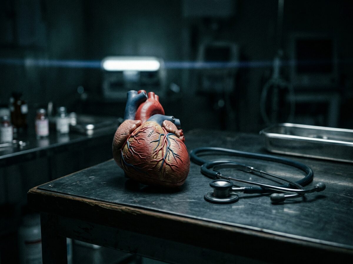 Anatomisches Herzmodell neben einem Stethoskop auf dunkler Oberfläche