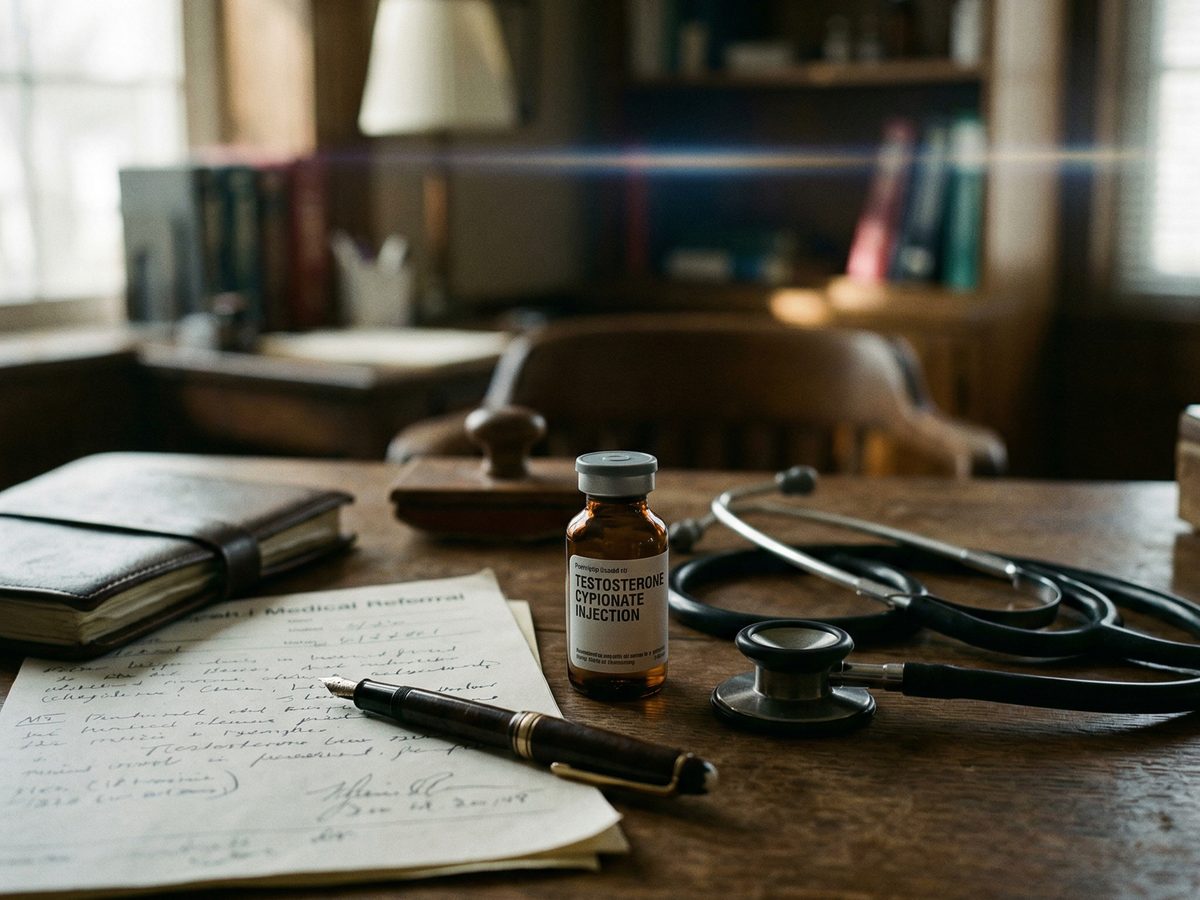 Testosteron-Rezeptverordnung neben Stethoskop und Überweisungsunterlagen auf Arztschreibtisch