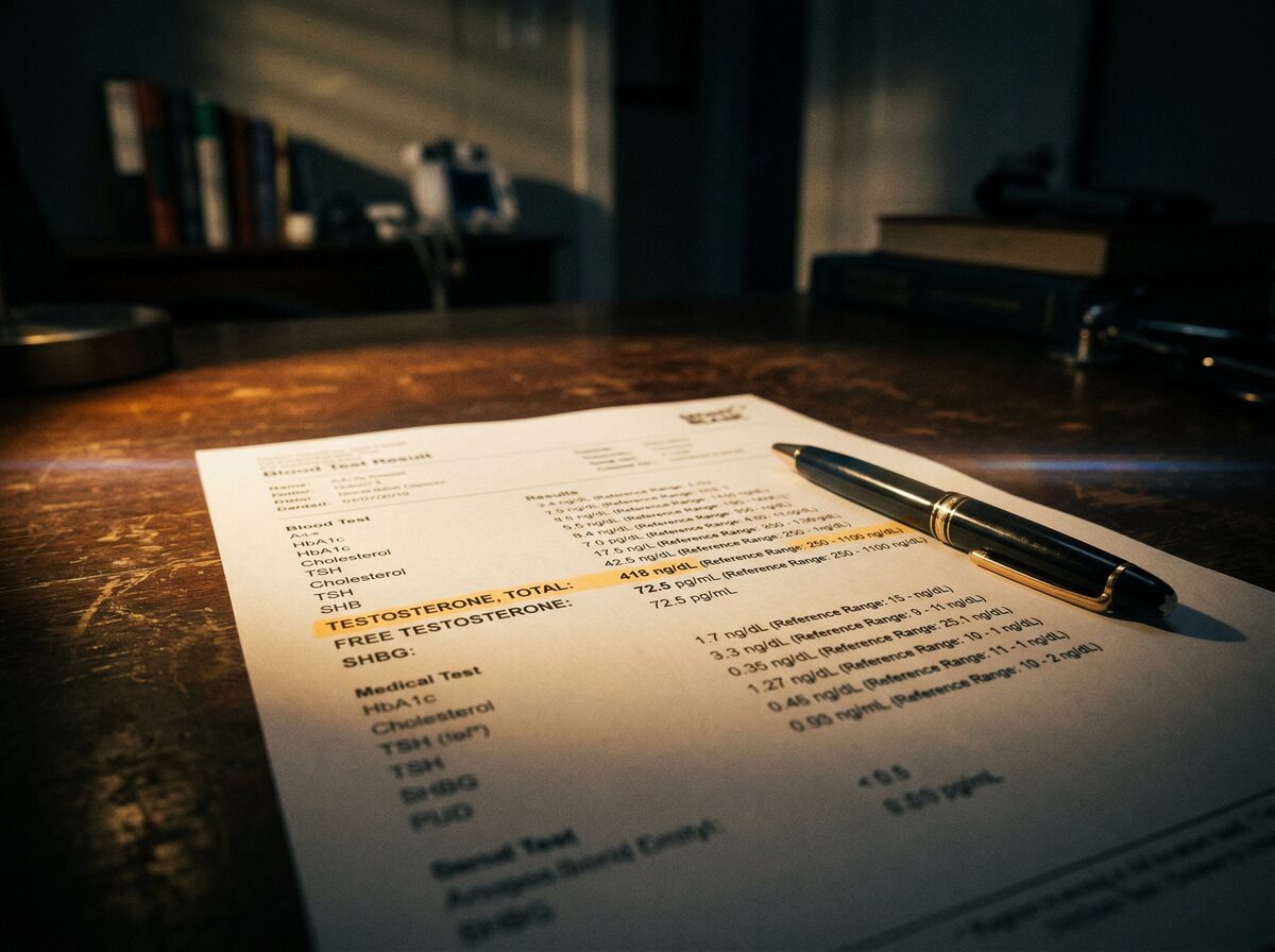 Ausgedruckte Bluttestergebnisse mit markierten Testosteronwerten neben einem Arzt-Stift auf dunklem Schreibtisch