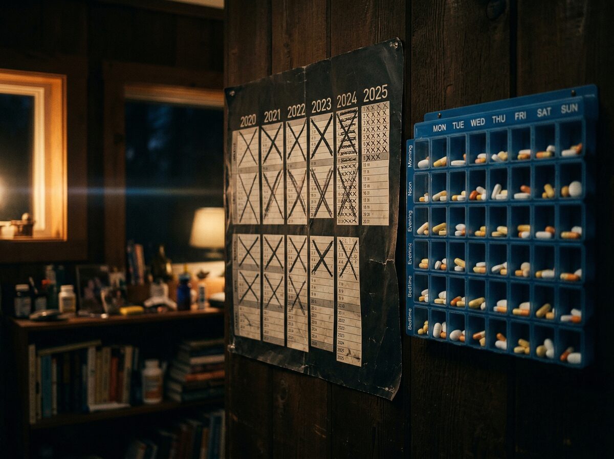 Kalender mit markierten Jahren neben einem Medikamentenorganizer, lebenslange Entscheidung