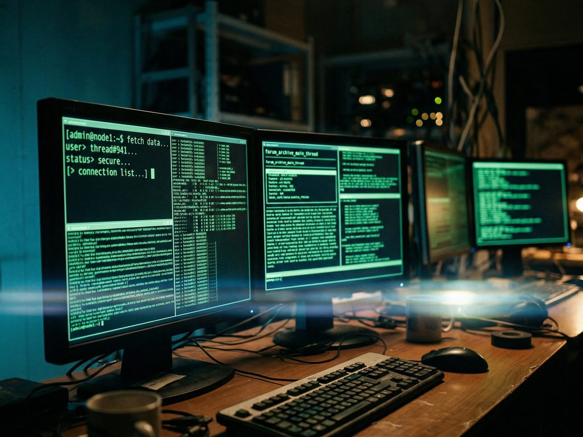 Computermonitore mit anonymen Forum-Interfaces in dunklem Raum