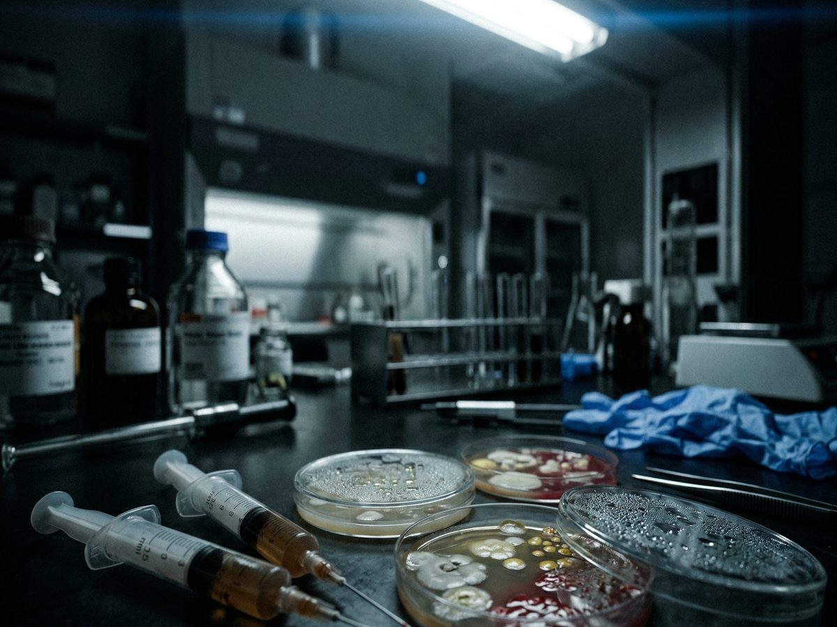 Kontaminierte medizinische Spritzen neben bakteriellen Kulturplatten unter Laborlicht