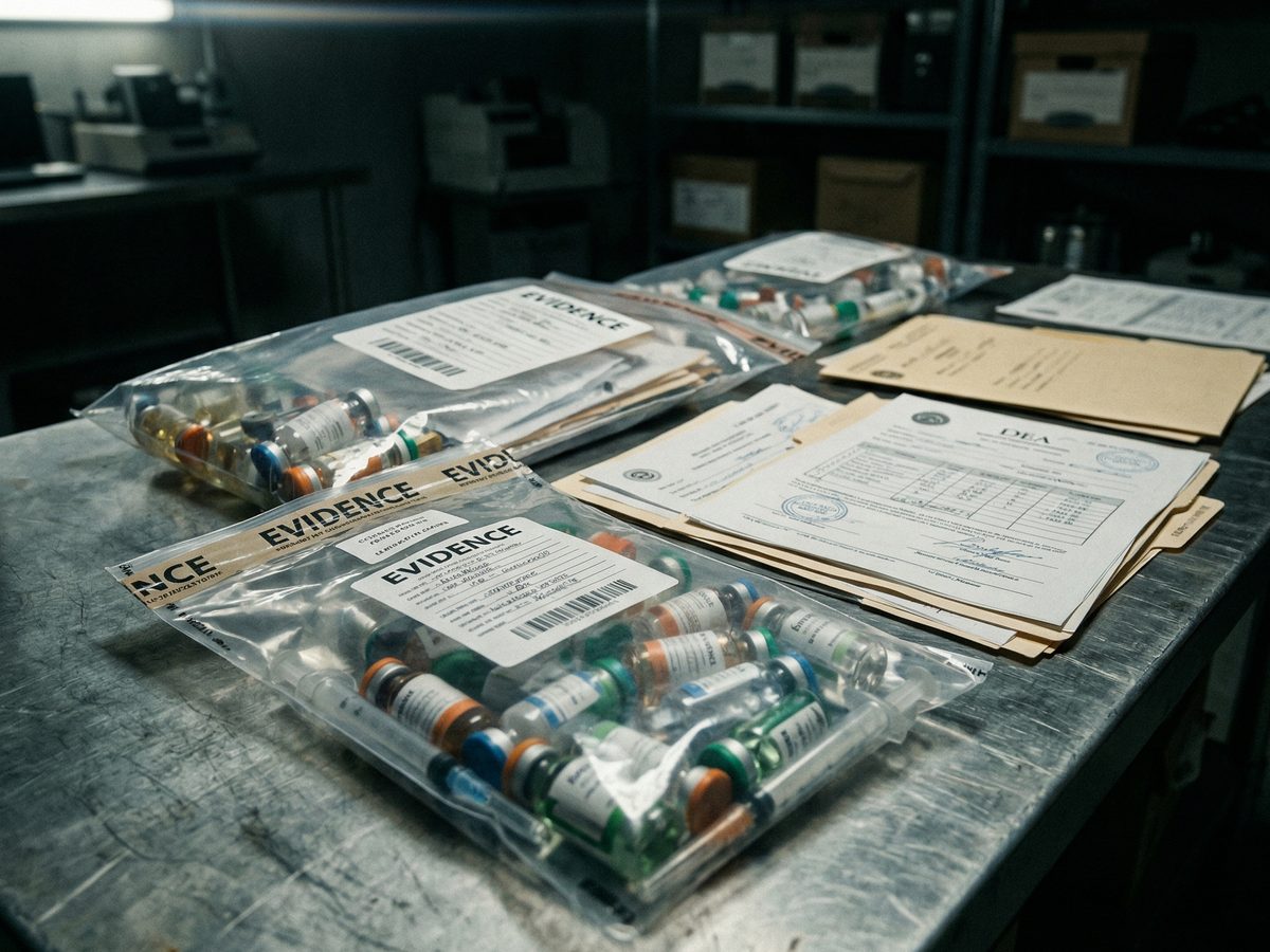 Versiegelte Polizei-Beweisstücke mit beschlagnahmten Steroid-Vials auf Metalltisch