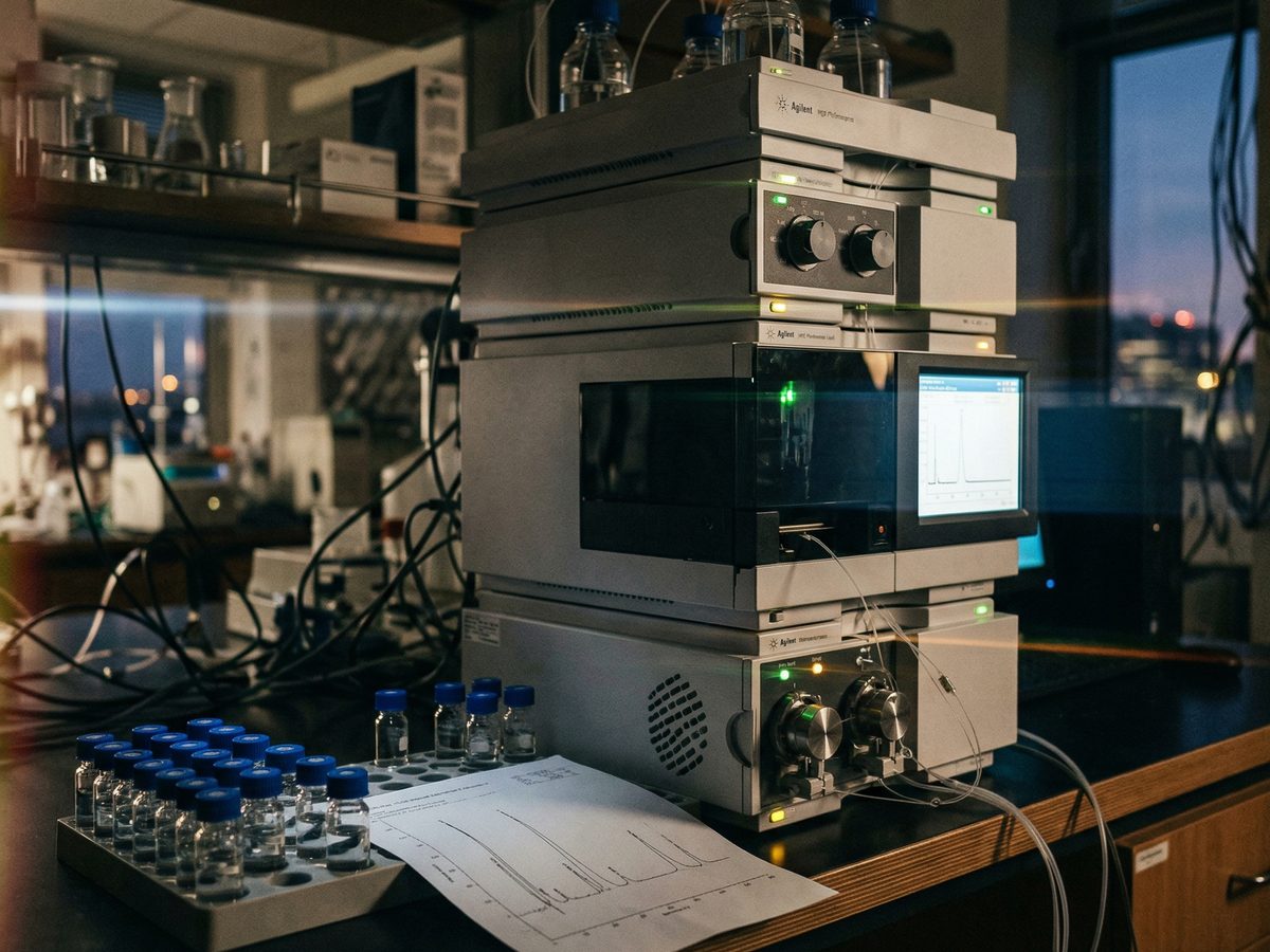 HPLC-Chromatographie-Gerät mit Proben-Vials und Chromatogramm-Ausdruck