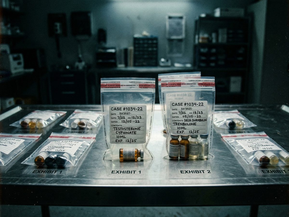 Forensische Beweisstücke mit beschlagnahmten Steroid-Vials auf einem Untersuchungstisch