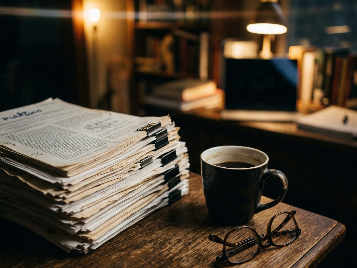 Akademische Forschungspapiere und PubMed-Abstracts auf einem Arbeitstisch