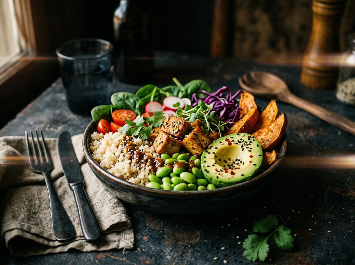 Farbenfrohe Buddha Bowl mit Tofu, Quinoa, Edamame, Avocado und Samen