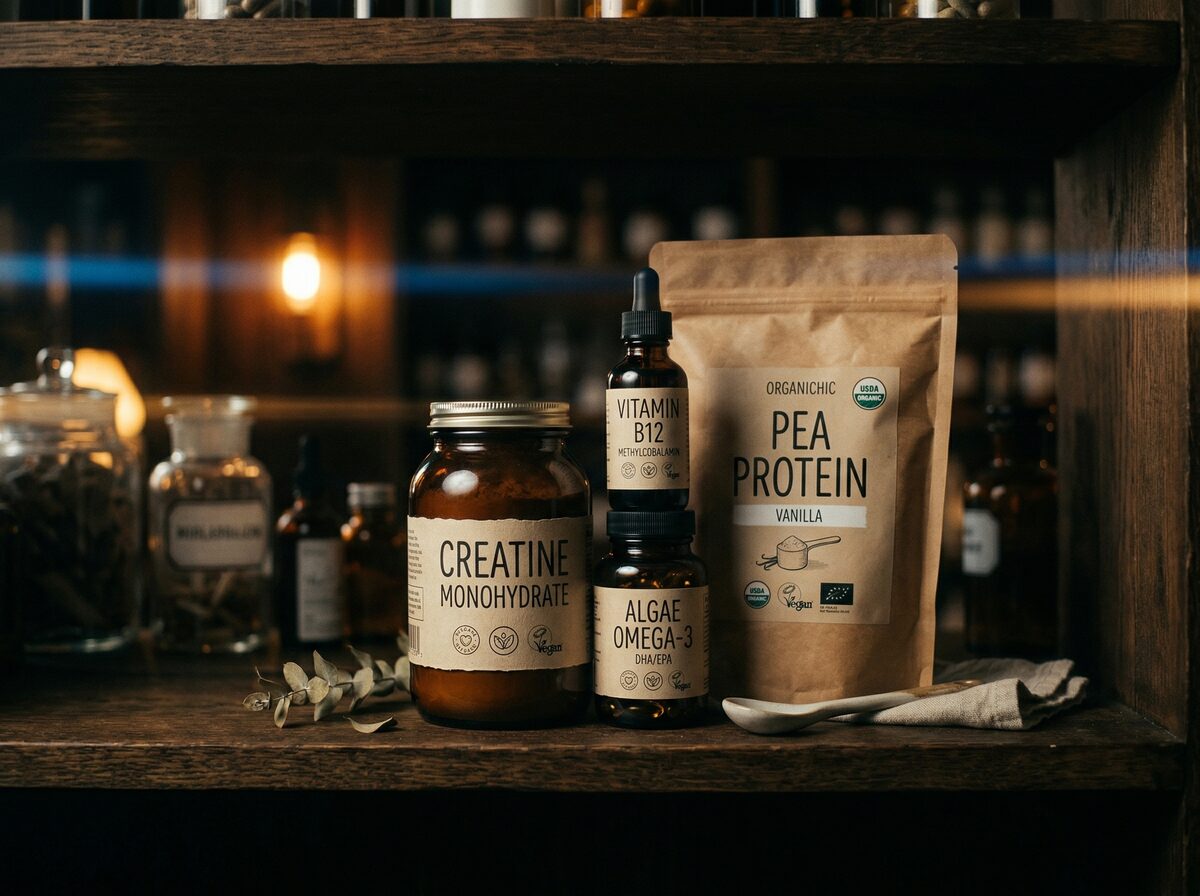 Veganer Supplement-Stack mit Kreatin, B12, Algen-Omega-3 und Erbsenprotein