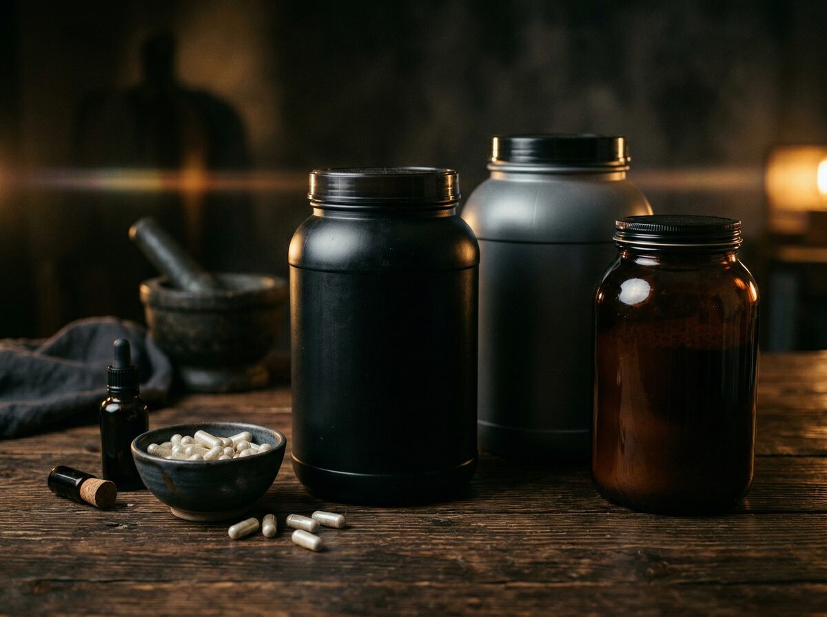 Verschiedene Protein-Supplement-Dosen neben Verdauungsenzym-Kapseln