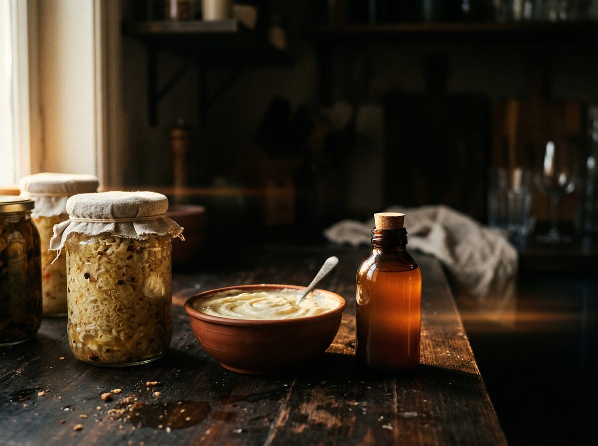 Probiotika-Flasche und fermentierte Lebensmittel auf dunkler Küchenoberfläche