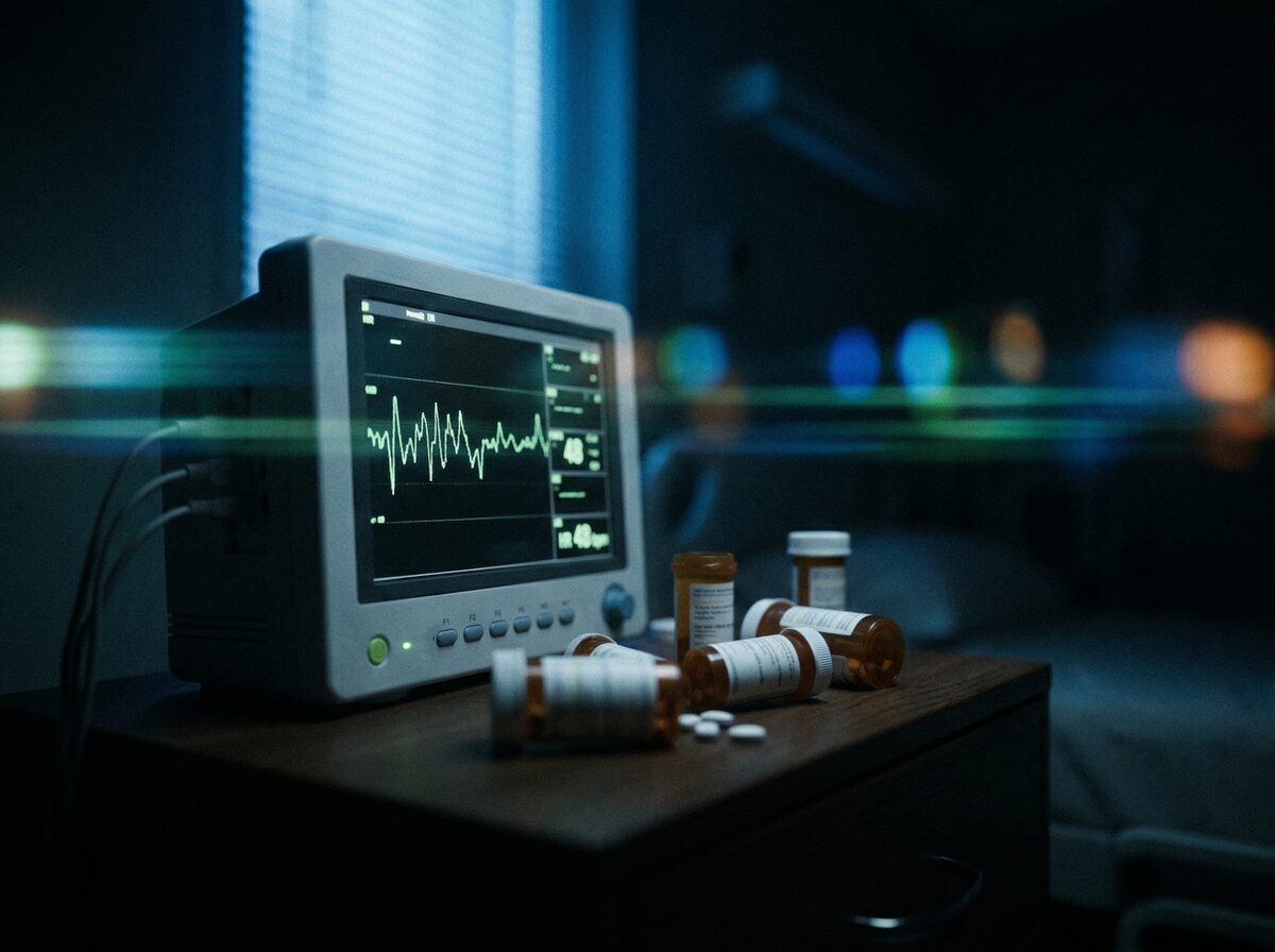 Herzmonitor und Pillendosen auf einem Nachttisch