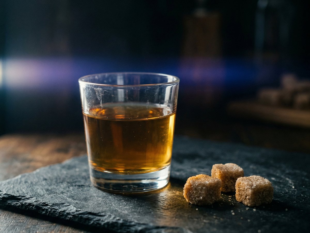 Glas mit amberfarbenem Saft und drei rohen Zuckerwürfeln auf dunkler Schieferplatte, editorial still life zur Rolle von Fruktose und viszeralem Fett