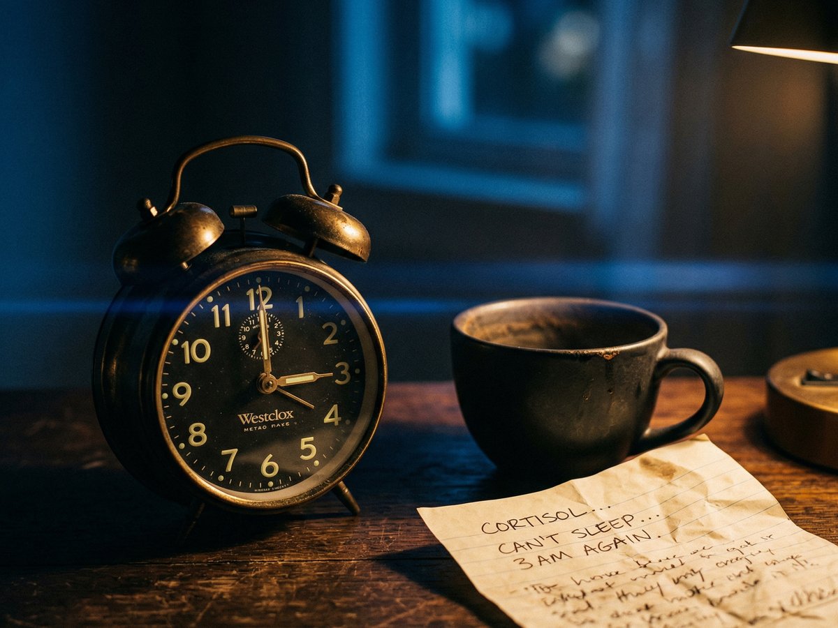 Vintage-Wecker auf drei Uhr nachts neben leerer Kaffeetasse auf dunklem Holz, editorial still life zu Schlafmangel und Kortisol als Treiber viszeralen Fetts