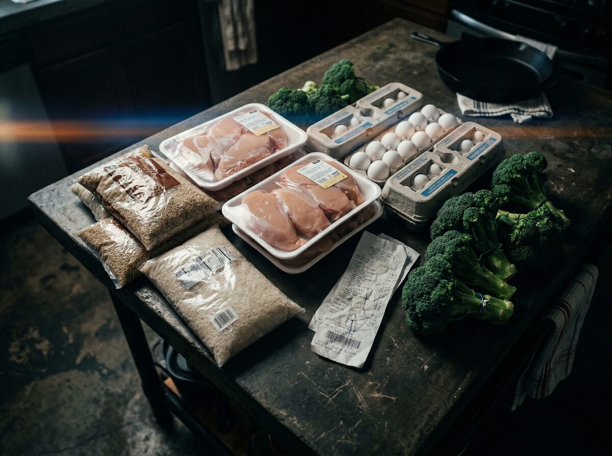 Bodybuilding-Einkauf: Hähnchenbrust, Reis, Eierkartons und Brokkoli neben einem Kassenbon