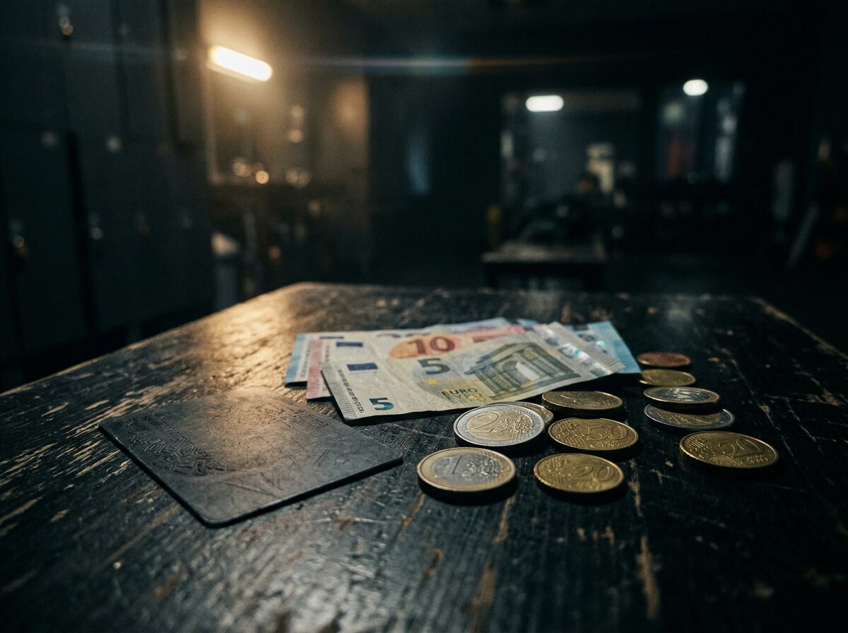 Gym-Mitgliedskarte neben Euro-Scheinen und Münzen auf dunkler Oberfläche