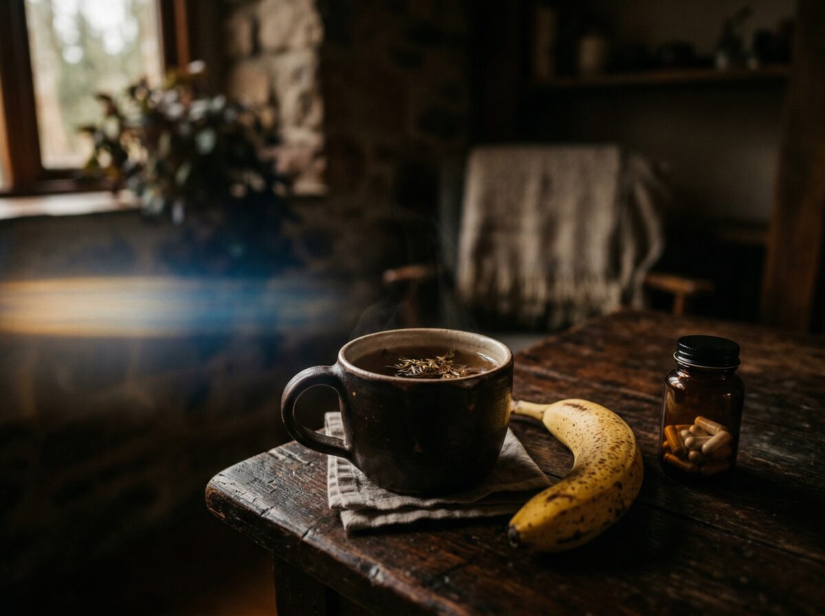 Löwenzahnwurzel-Tee neben Kalium-Supplement und Banane auf dunkler Oberfläche