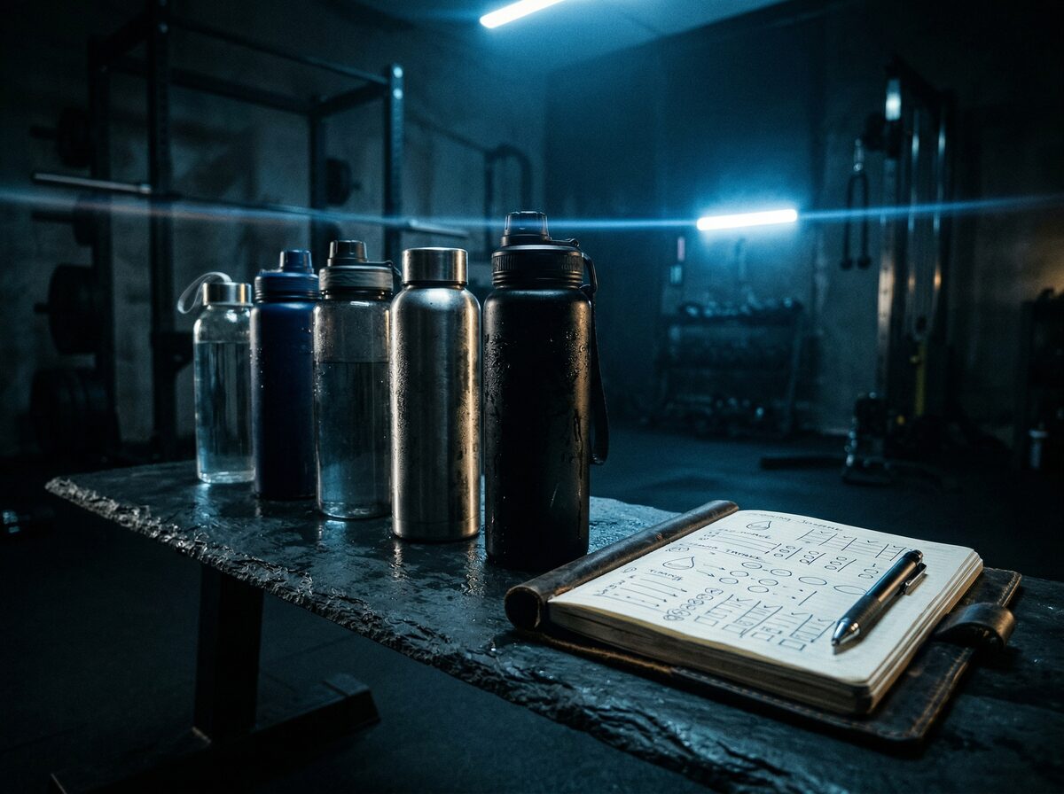 Mehrere Wasserflaschen neben einem Trainingslog auf dunkler Oberfläche