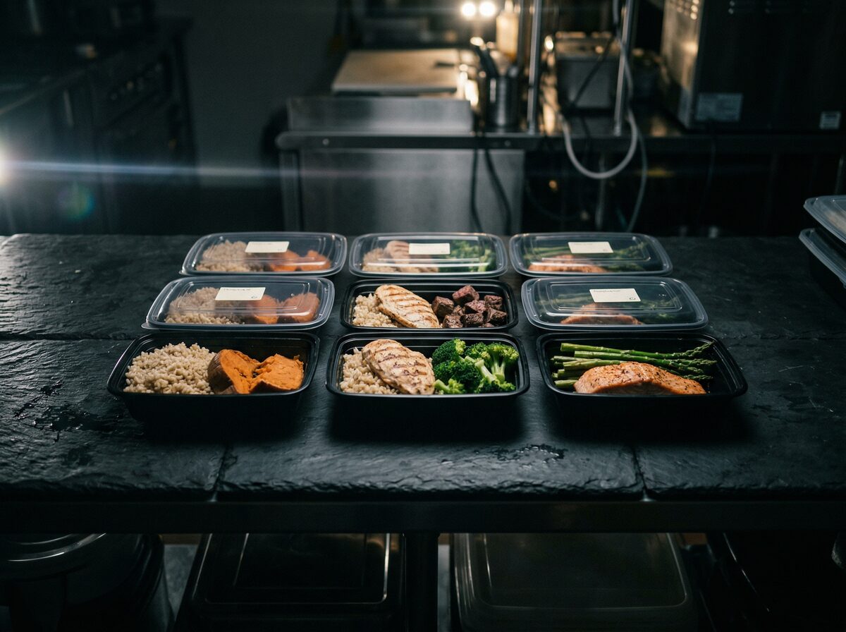 Präzise abgewogene Wettkampf-Mahlzeiten in identischen Behältern auf dunkler Arbeitsfläche