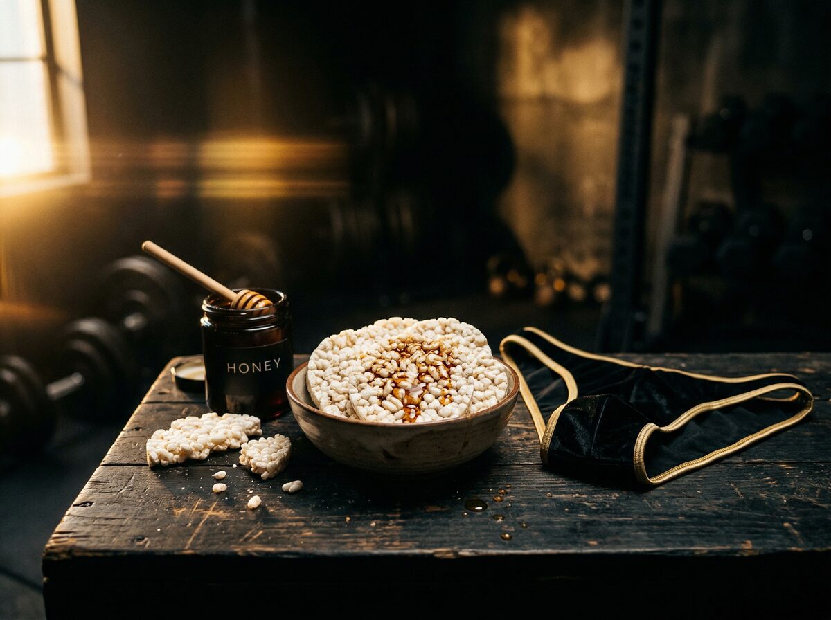 Reiswaffeln und Honig neben einer Wettkampf-Posing-Hose auf dunkler Oberfläche