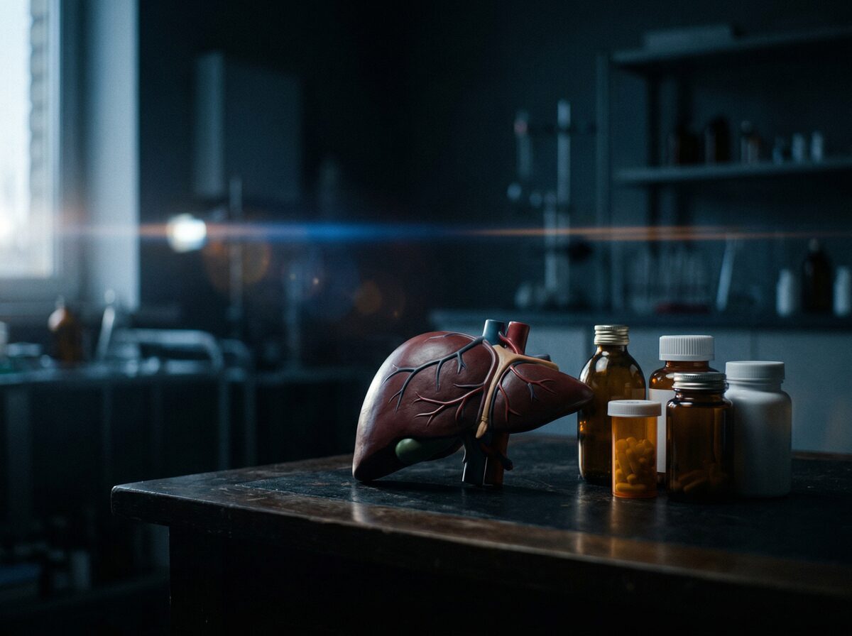 Lebermodell neben Medikamentenflaschen auf dunklem Untergrund